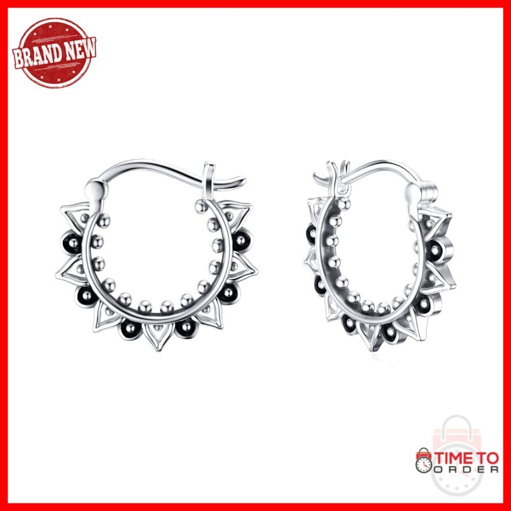 Sterling Silver Lotus Hoop Earrings Double-Sided Floral Snap Hook Closure